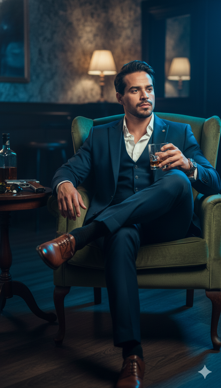 Cinematic 70s Lounge Portrait generated example