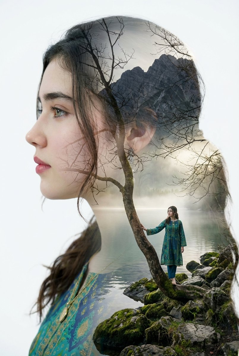 Double Exposure Lake Portrait generated example